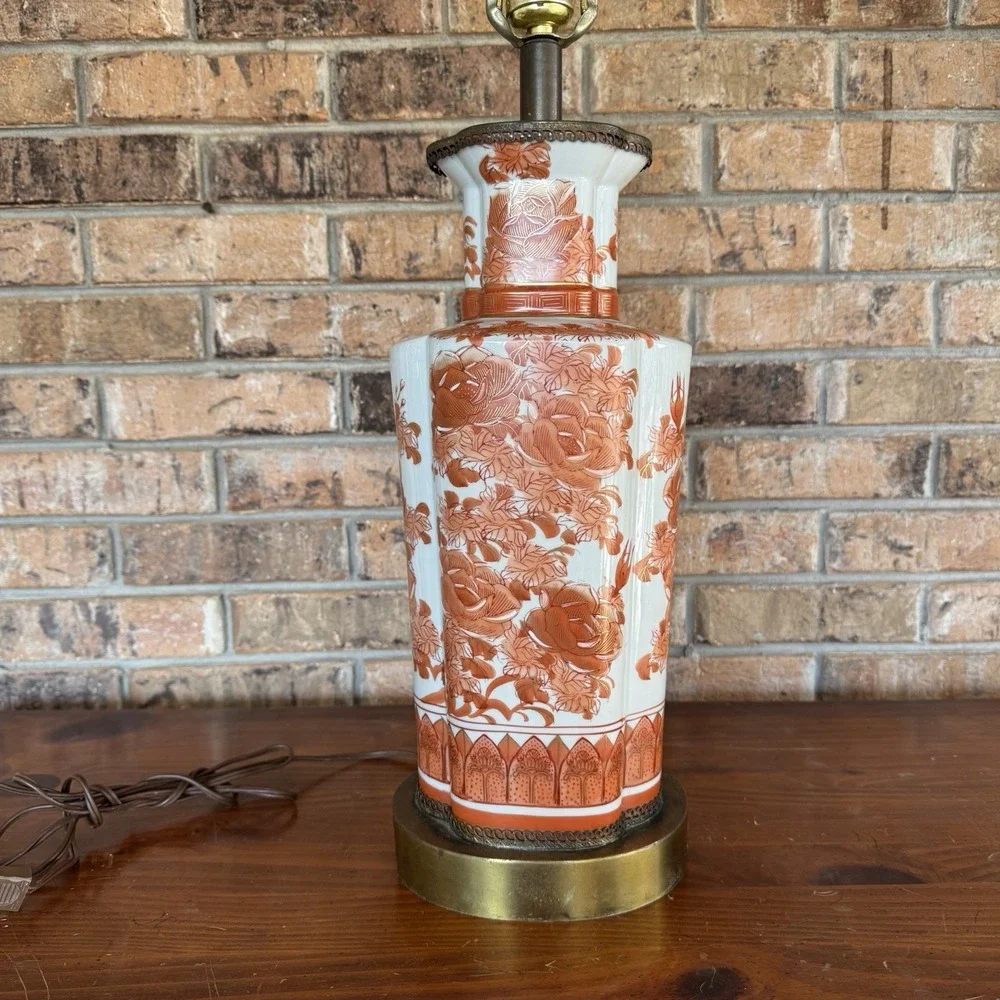 Vintage Kutani Style Porcelain Table Lamp Red Floral Chinoiserie Asian Decor